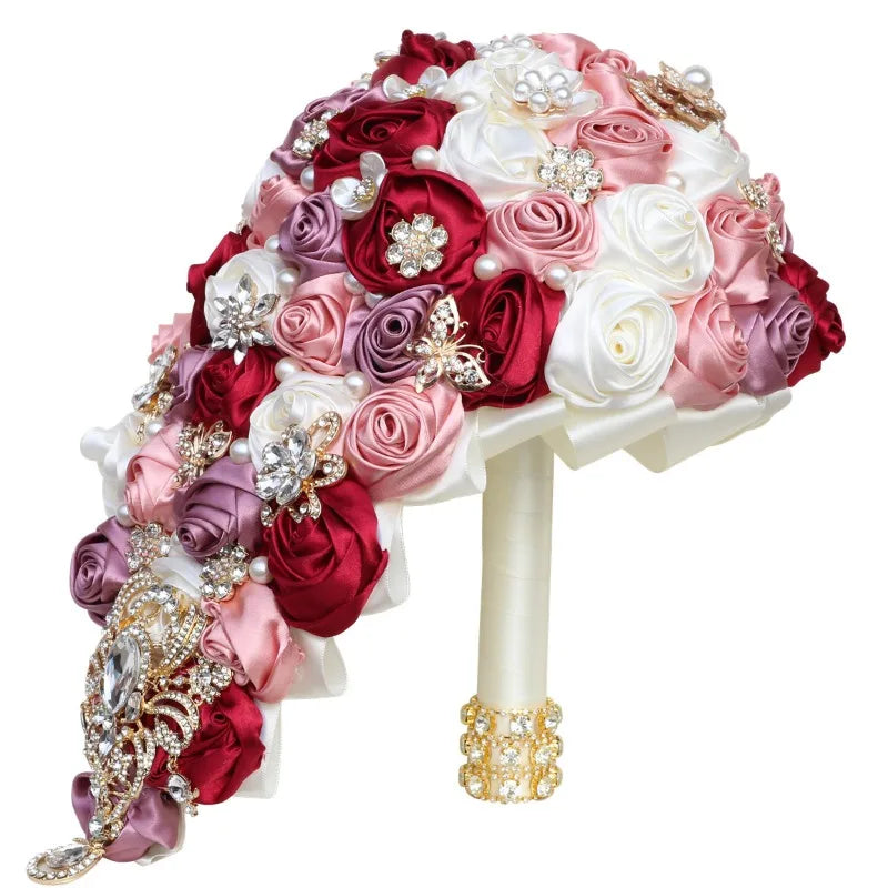 Crystal Bride Waterfall Bouquet – Handmade Satin Rose Bridal Bouquet
