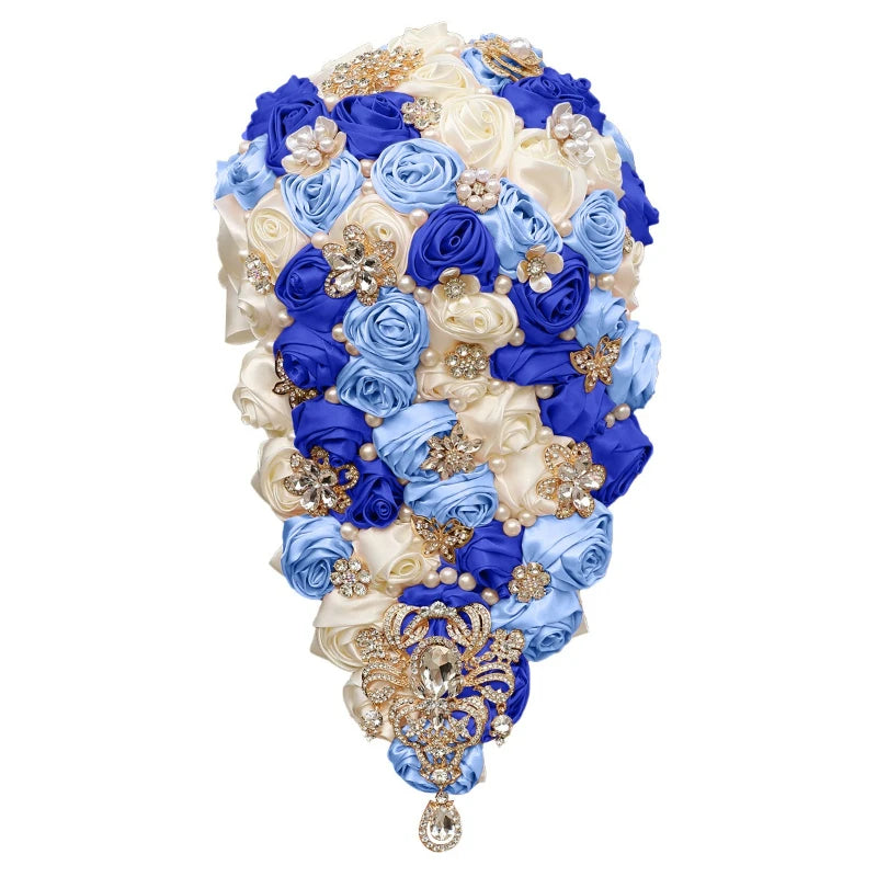 Crystal Bride Waterfall Bouquet – Handmade Satin Rose Bridal Bouquet