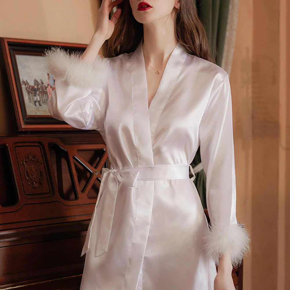 Feather Trim Bridal Satin Robe – Embroidered Bride & Bridesmaid Kimono