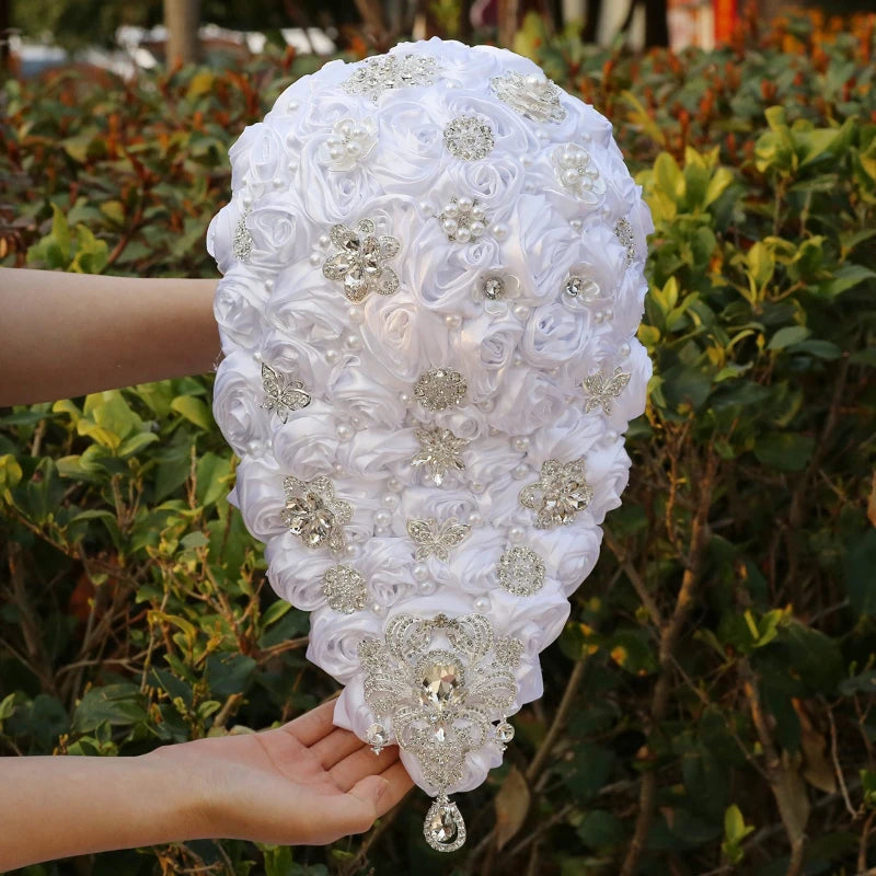 Crystal Bride Waterfall Bouquet – Handmade Satin Rose Bridal Bouquet