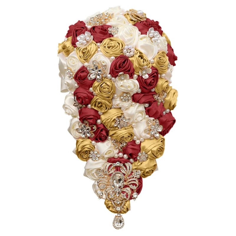 Crystal Bride Waterfall Bouquet – Handmade Satin Rose Bridal Bouquet
