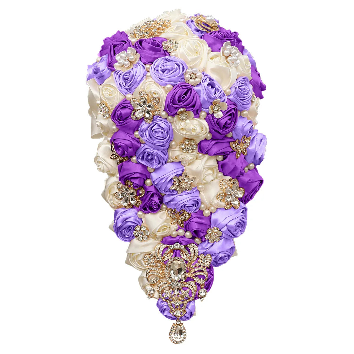 Crystal Bride Waterfall Bouquet – Handmade Satin Rose Bridal Bouquet