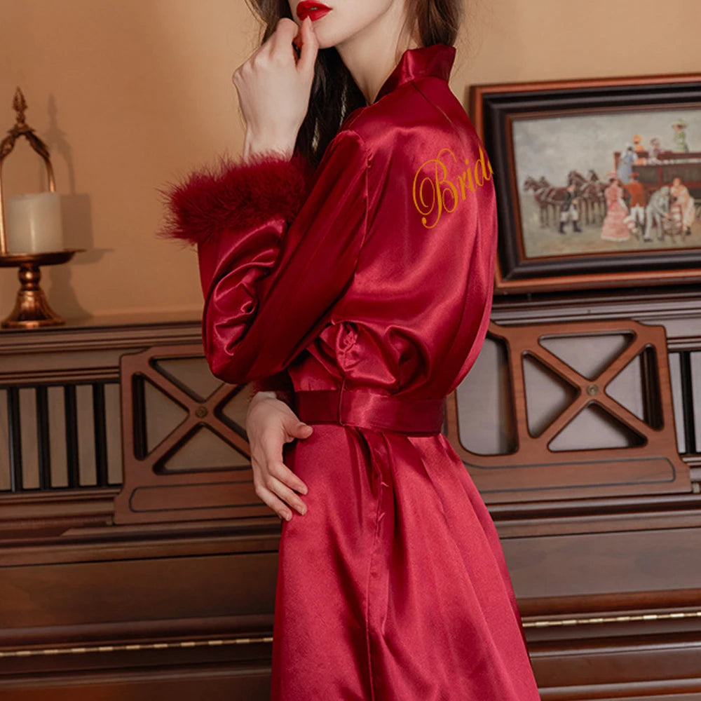 Feather Trim Bridal Satin Robe – Embroidered Bride & Bridesmaid Kimono