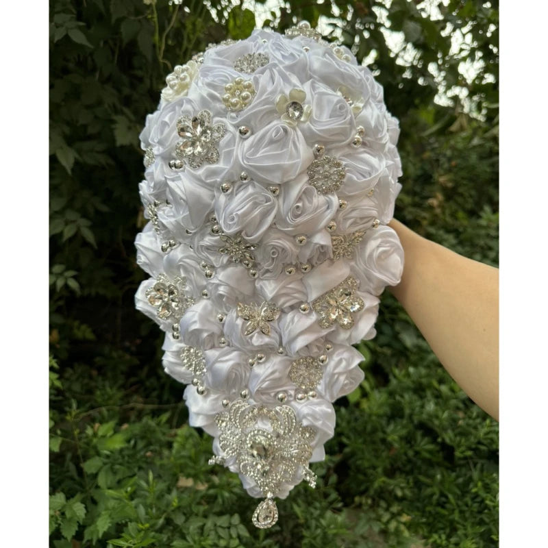 Crystal Bride Waterfall Bouquet – Handmade Satin Rose Bridal Bouquet