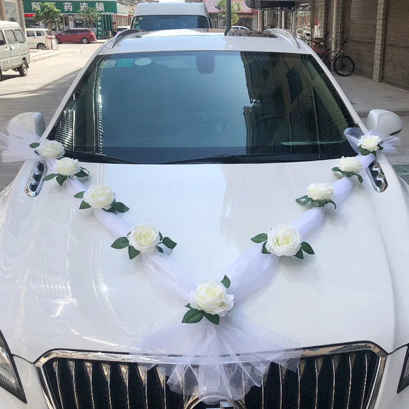 White Rose Silk Flower Wedding Car Decoration Set